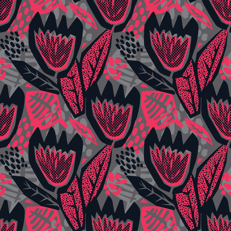 Flowers tracery seamless rough print, modern seamless design template.Geometric curved trendy painted style texture, poster with different doodle elements.Perfect for interior,fabric, textileのイラスト素材