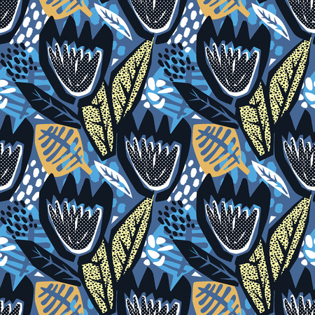 Flowers tracery seamless rough print, modern seamless design template.Geometric curved trendy painted style texture, poster with different doodle elements.Perfect for interior,fabric, textileのイラスト素材
