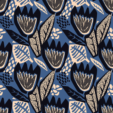 Flowers tracery seamless rough print, modern seamless design template.Geometric curved trendy painted style texture, poster with different doodle elements.Perfect for interior,fabric, textileのイラスト素材