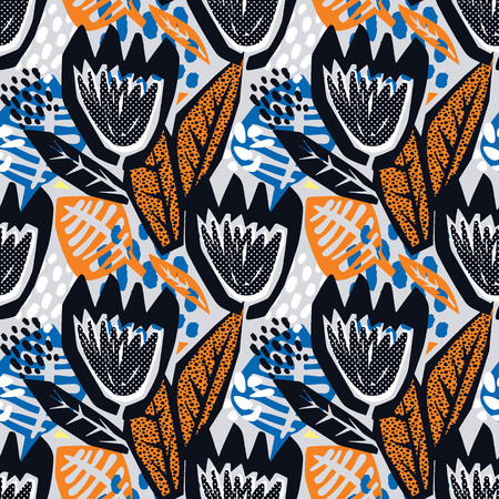 Flowers tracery seamless rough print, modern seamless design template.Geometric curved trendy painted style texture, poster with different doodle elements.Perfect for interior,fabric, textileのイラスト素材