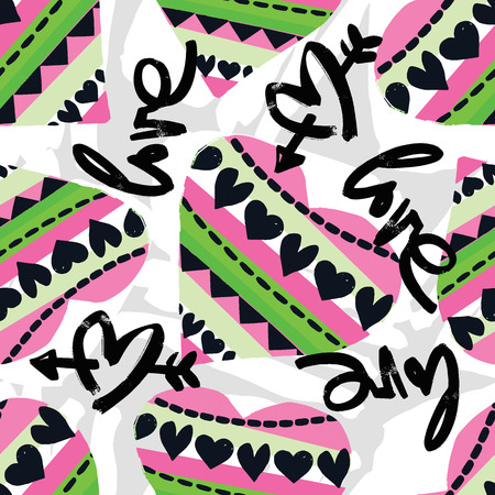 Love seamless girls motivation pattern. Funky t-shirt print with hearts and different doodle elements, trendy painted style texture.Funny wallpaper for textile and fabric.Fashion style apparel designのイラスト素材