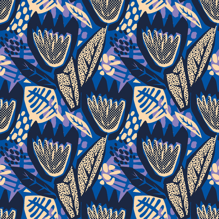 Flowers tracery seamless rough print, modern seamless design template.Geometric curved trendy painted style texture, poster with different doodle elements.Perfect for interior,fabric, textileのイラスト素材
