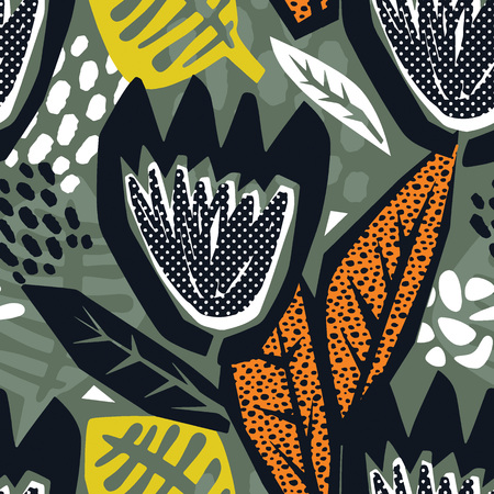 Flowers tracery seamless rough print, modern seamless design template.Geometric curved trendy painted style texture, poster with different doodle elements.Perfect for interior,fabric, textileのイラスト素材