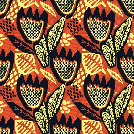 Flowers tracery seamless rough print, modern seamless design template.Geometric curved trendy painted style texture, poster with different doodle elements.Perfect for interior,fabric, textileのイラスト素材