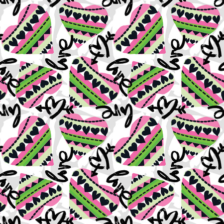 Love seamless girls motivation pattern. Funky t-shirt print with hearts and different doodle elements, trendy painted style texture.Funny wallpaper for textile and fabric.Fashion style apparel designのイラスト素材