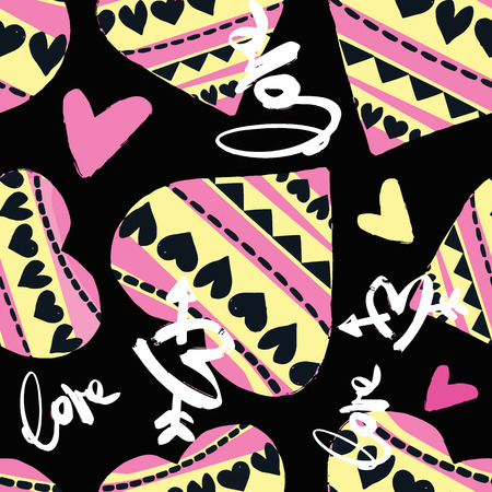 Love seamless girls motivation pattern. Funky t-shirt print with hearts and different doodle elements, trendy painted style texture.Funny wallpaper for textile and fabric.Fashion style apparel designのイラスト素材