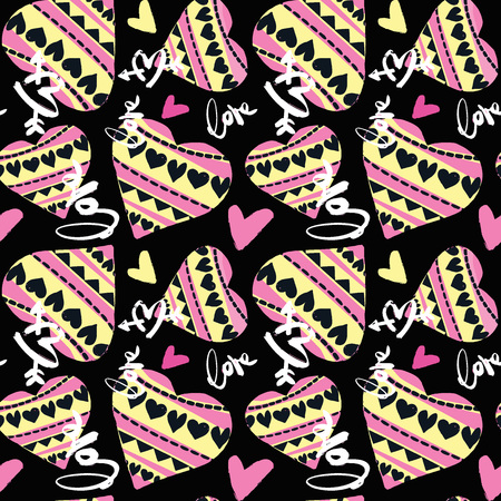 Love seamless girls motivation pattern. Funky t-shirt print with hearts and different doodle elements, trendy painted style texture.Funny wallpaper for textile and fabric.Fashion style apparel designのイラスト素材
