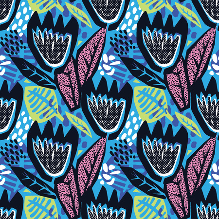 Flowers tracery seamless rough print, modern seamless design template.Geometric curved trendy painted style texture, poster with different doodle elements.Perfect for interior,fabric, textileのイラスト素材