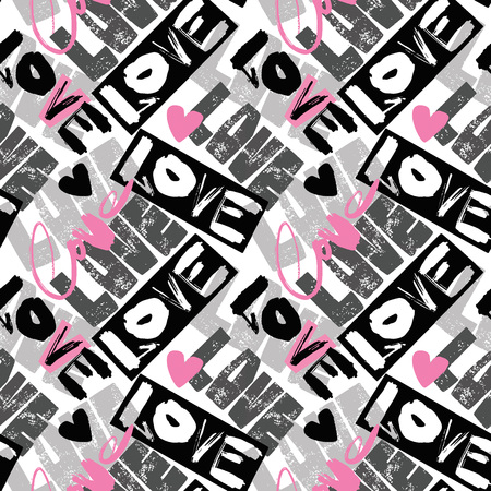 Love seamless girls motivation pattern. Funky t-shirt print with hearts and different doodle elements, trendy painted style texture.Funny wallpaper for textile and fabric.Fashion style apparel designのイラスト素材