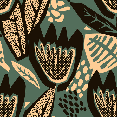 Flowers tracery seamless rough print, modern seamless design template.Geometric curved trendy painted style texture, poster with different doodle elements.Perfect for interior,fabric, textileのイラスト素材