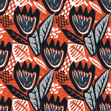 Flowers tracery seamless rough print, modern seamless design template.Geometric curved trendy painted style texture, poster with different doodle elements.Perfect for interior,fabric, textileのイラスト素材