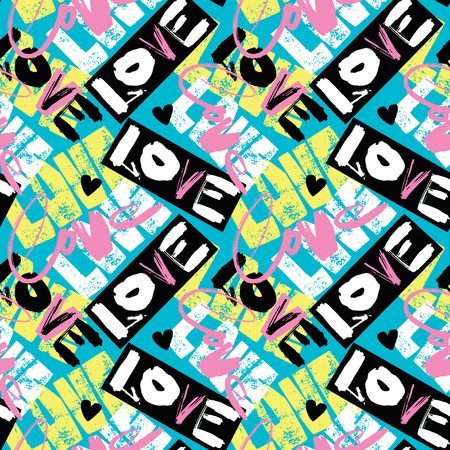 Love seamless girls motivation pattern. Funky t-shirt print with hearts and different doodle elements, trendy painted style texture.Funny wallpaper for textile and fabric.Fashion style apparel designのイラスト素材