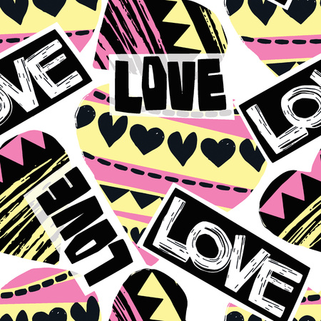 Love seamless girls motivation pattern. Funky t-shirt print with hearts and different doodle elements, trendy painted style texture.Funny wallpaper for textile and fabric.Fashion style apparel designのイラスト素材