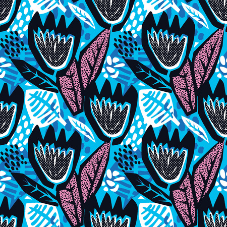 Flowers tracery seamless rough print, modern seamless design template.Geometric curved trendy painted style texture, poster with different doodle elements.Perfect for interior,fabric, textileのイラスト素材