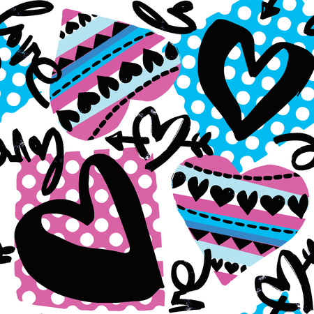 Love seamless girls motivation pattern. Funky t-shirt print with hearts and different doodle elements, trendy painted style texture.Funny wallpaper for textile and fabric.Fashion style apparel designのイラスト素材