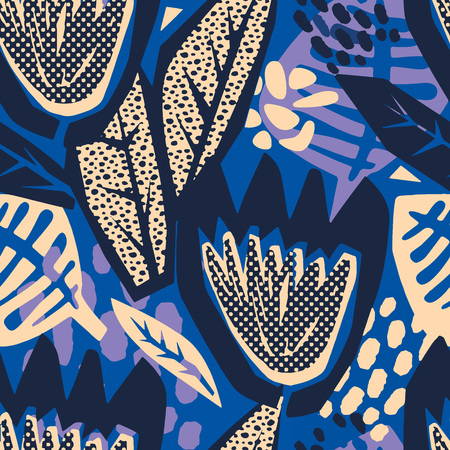 Flowers tracery seamless rough print, modern seamless design template.Geometric curved trendy painted style texture, poster with different doodle elements.Perfect for interior,fabric, textileのイラスト素材