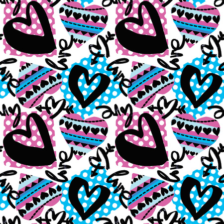 Love seamless girls motivation pattern. Funky t-shirt print with hearts and different doodle elements, trendy painted style texture.Funny wallpaper for textile and fabric.Fashion style apparel designのイラスト素材