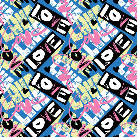 Love seamless girls motivation pattern. Funky t-shirt print with hearts and different doodle elements, trendy painted style texture.Funny wallpaper for textile and fabric.Fashion style apparel designのイラスト素材