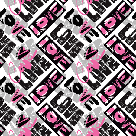 Love seamless girls motivation pattern. Funky t-shirt print with hearts and different doodle elements, trendy painted style texture.Funny wallpaper for textile and fabric.Fashion style apparel designのイラスト素材