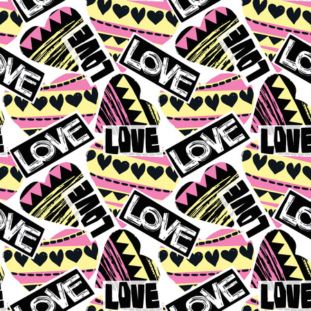Love seamless girls motivation pattern. Funky t-shirt print with hearts and different doodle elements, trendy painted style texture.Funny wallpaper for textile and fabric.Fashion style apparel designのイラスト素材
