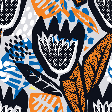Flowers tracery seamless rough print, modern seamless design template.Geometric curved trendy painted style texture, poster with different doodle elements.Perfect for interior,fabric, textileのイラスト素材