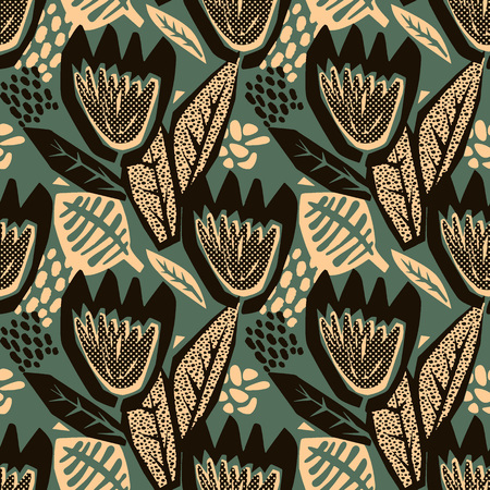 Flowers tracery seamless rough print, modern seamless design template.Geometric curved trendy painted style texture, poster with different doodle elements.Perfect for interior,fabric, textileのイラスト素材
