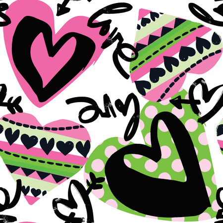 Love seamless girls motivation pattern. Funky t-shirt print with hearts and different doodle elements, trendy painted style texture.Funny wallpaper for textile and fabric.Fashion style apparel designのイラスト素材