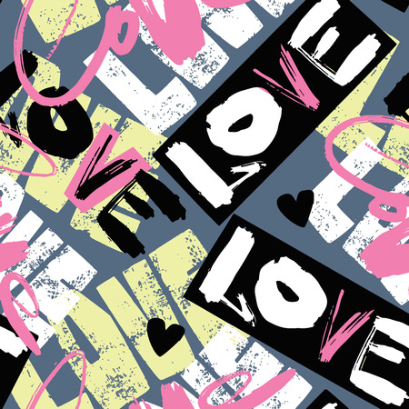 Love seamless girls motivation pattern. Funky t-shirt print with hearts and different doodle elements, trendy painted style texture.Funny wallpaper for textile and fabric.Fashion style apparel designのイラスト素材