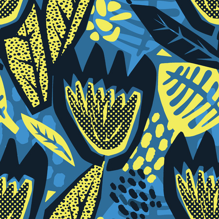 Flowers tracery seamless rough print, modern seamless design template.Geometric curved trendy painted style texture, poster with different doodle elements.Perfect for interior,fabric, textileのイラスト素材