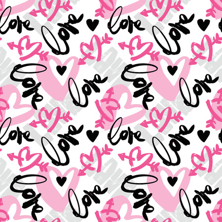 Love seamless girls motivation pattern. Funky t-shirt print with hearts and different doodle elements, trendy painted style texture.Funny wallpaper for textile and fabric.Fashion style apparel designのイラスト素材
