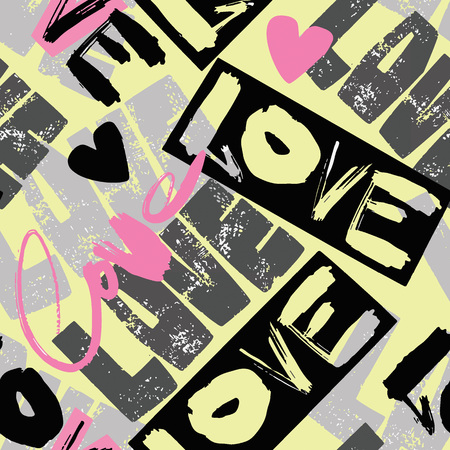 Love seamless girls motivation pattern. Funky t-shirt print with hearts and different doodle elements, trendy painted style texture.Funny wallpaper for textile and fabric.Fashion style apparel designのイラスト素材