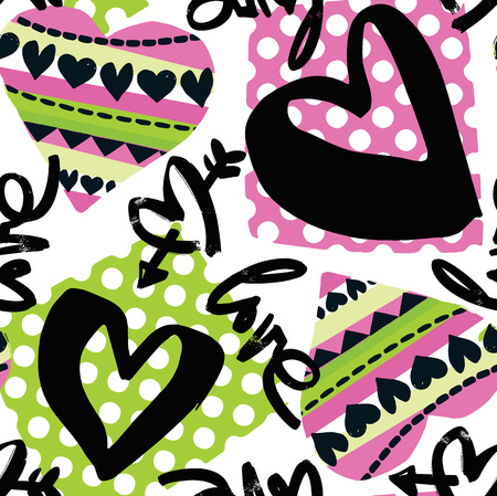 Love seamless girls motivation pattern. Funky t-shirt print with hearts and different doodle elements, trendy painted style texture.Funny wallpaper for textile and fabric.Fashion style apparel designのイラスト素材