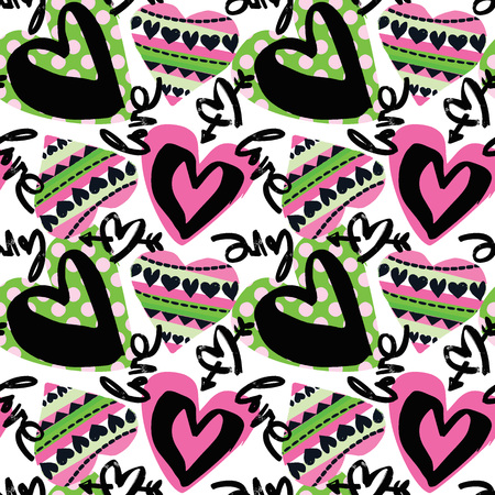 Love seamless girls motivation pattern. Funky t-shirt print with hearts and different doodle elements, trendy painted style texture.Funny wallpaper for textile and fabric.Fashion style apparel designのイラスト素材