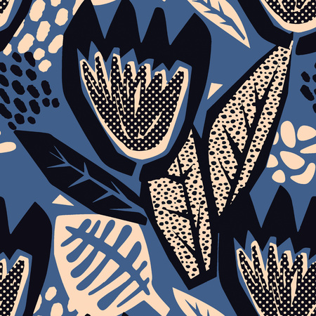 Flowers tracery seamless rough print, modern seamless design template.Geometric curved trendy painted style texture, poster with different doodle elements.Perfect for interior,fabric, textileのイラスト素材