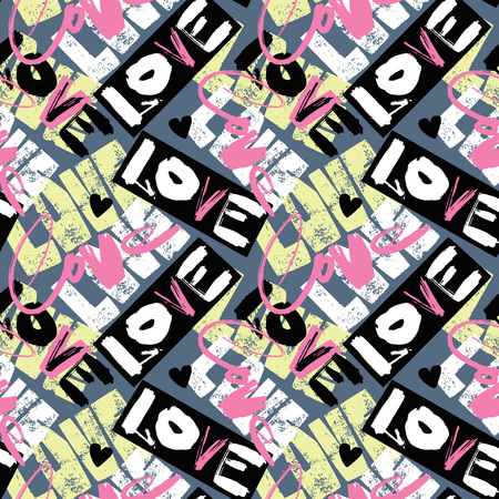 Love seamless girls motivation pattern. Funky t-shirt print with hearts and different doodle elements, trendy painted style texture.Funny wallpaper for textile and fabric.Fashion style apparel designのイラスト素材