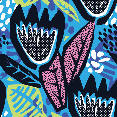 Flowers tracery seamless rough print, modern seamless design template.Geometric curved trendy painted style texture, poster with different doodle elements.Perfect for interior,fabric, textileのイラスト素材