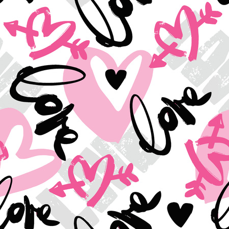 Love seamless girls motivation pattern. Funky t-shirt print with hearts and different doodle elements, trendy painted style texture.Funny wallpaper for textile and fabric.Fashion style apparel designのイラスト素材