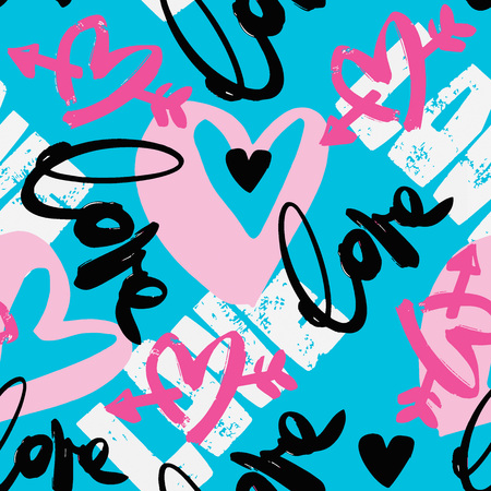 Love seamless girls motivation pattern. Funky t-shirt print with hearts and different doodle elements, trendy painted style texture.Funny wallpaper for textile and fabric.Fashion style apparel designのイラスト素材