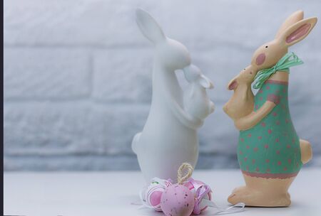 Bunnies on the grey background. Festive decoration. Happy Easter. Copy space.の写真素材