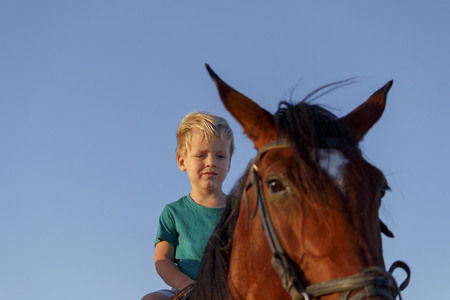 Cute little boy rides a horse on the beach. Copy space. Focus on the boyの写真素材