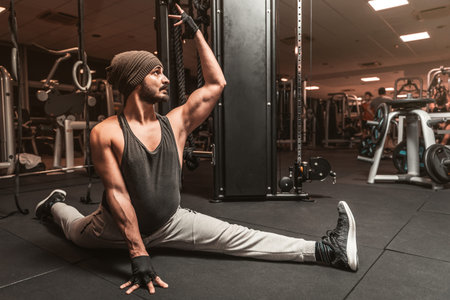 A sporty man in the gym is doing Yoga and Martial Arts exercises. Hanumanasana or Monkey Pose. Yoga...