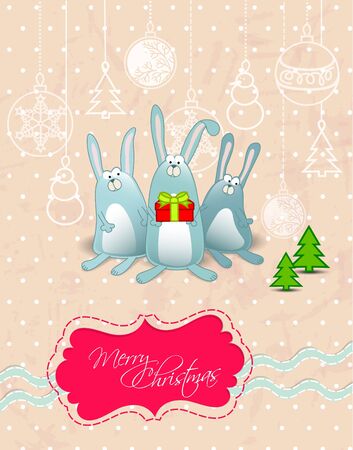 Vector Merry Christmas card with rabbits text frameのイラスト素材