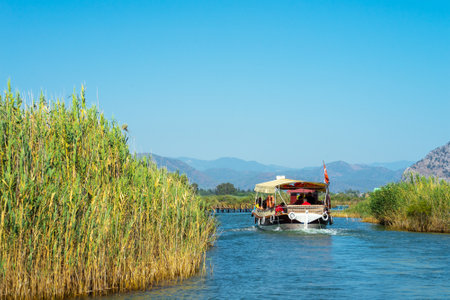 Tourist pleasure boat on the Dalyan River, next to the rocks, which contain the Lycian tombs, in Mugla Province located between the districts of Marmaris and Fethiye on the south-west coast of Turkey.の写真素材