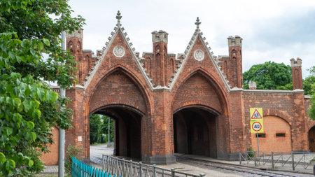 Brandenburg Gate is one of seven surviving city gates in Kaliningrad, Russia, the former German city of KÃ¶nigsberg. The gate is located on Bagration street.の写真素材