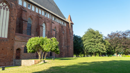 Wall, windows and door of Konigsberg Cathedral, Brick Gothic-style monument in Kaliningrad, Russia,の写真素材