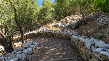 Wooden staircase in ancient city Amos near town or village of Turunc, Turkey. It was located in...