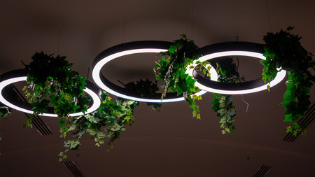 Ceiling chandelier of three rings with decorative artificial climbing plants in form of ivy. Concept...