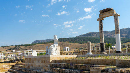 Part of the archeological site of ancient city Hierapolis or Holy City near Pamukkale or Cotton...