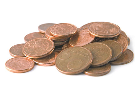Pile of coins: 1,2 and 5 euro cents - isolated on white