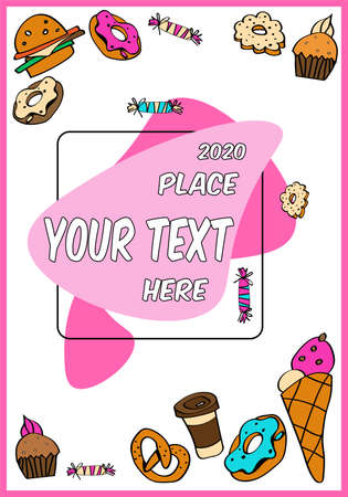 Business brochure design template. Vector flyer layout, background with elements for magazine, cover, poster design with symbols of food desserts around - donut, candy, cupcake, cookies, ice cream, pretzel, burger and a cup of coffee. A4 size.のイラスト素材